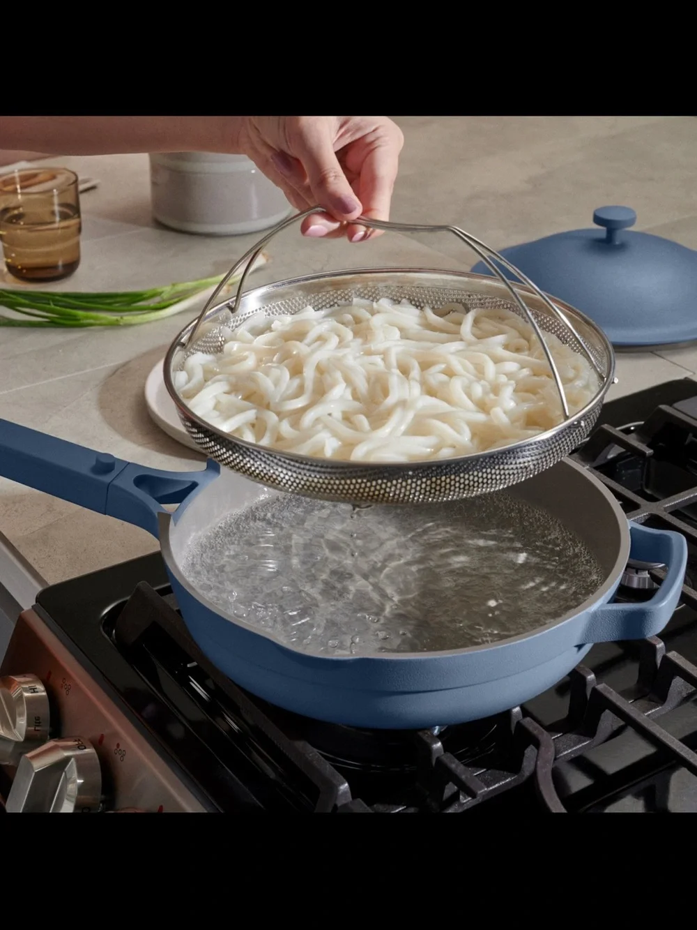 Our Place Always Pan® 2.0 in Salt Blue with lid, spatula, & steamer basket